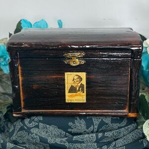 Vintage Romanian Wooden Keepsake Box OS Brown With Posta Romana Postage Stamp